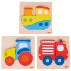Jouets En Bois 28 3 Puzzles En Bois Bébé Goki Découvertes Des Transports 4 Pièces- Jouets En Bois