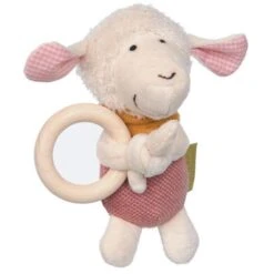 Jouets En Bois 16 Hochet Anneau De Dentition Bio Sigikid® Mouton Velours De Coton & Vichy Rose Green 13 Cm - Hochet Tissu Coton Bio